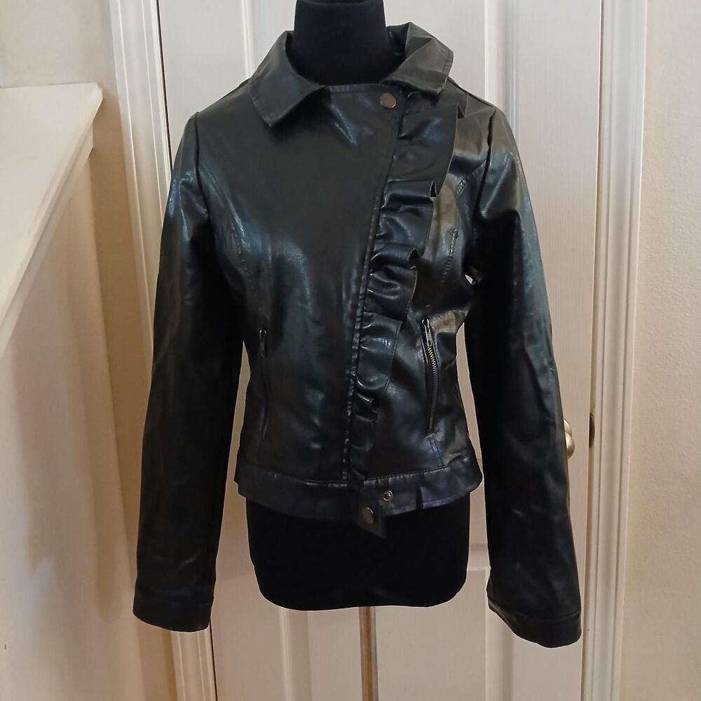 Y2K Vintage Black Ruffle Faux Leather Moto Jacket M Mcbling Indie Punk Whimsy